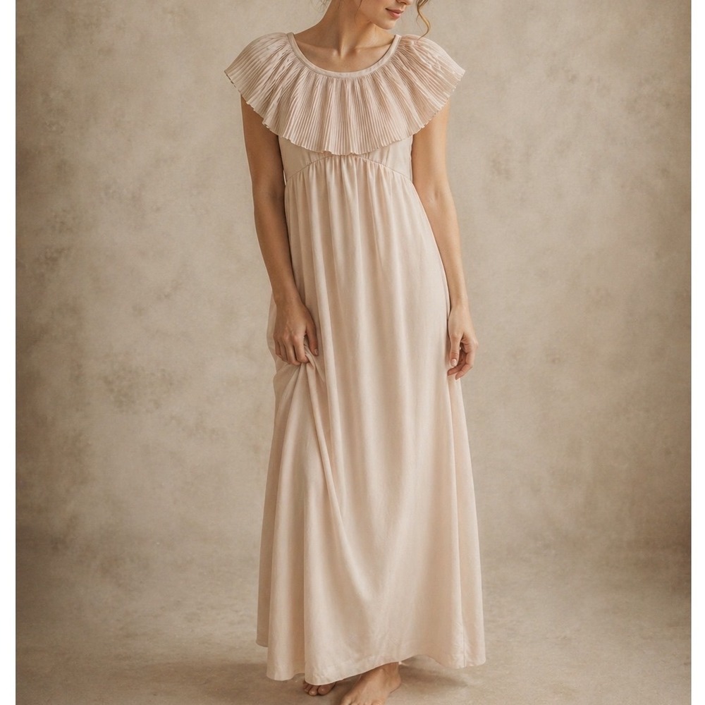 Vintage Sears Peach Pleated Accordion Ruffle‎ Empire Waist Maxi Dress Size 8 j3